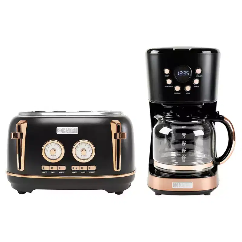 Haden Dorset 4 Slice Wide Slot Stainless Steel Toaster Bundled with 12 Cup Programmable Drip Coffee Maker Coffee Machine, Black  Copper