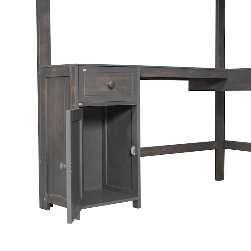 White/Antique Brown Loft Bed with U-Shaped Desk & Storage – Twin/Full, 1-Person