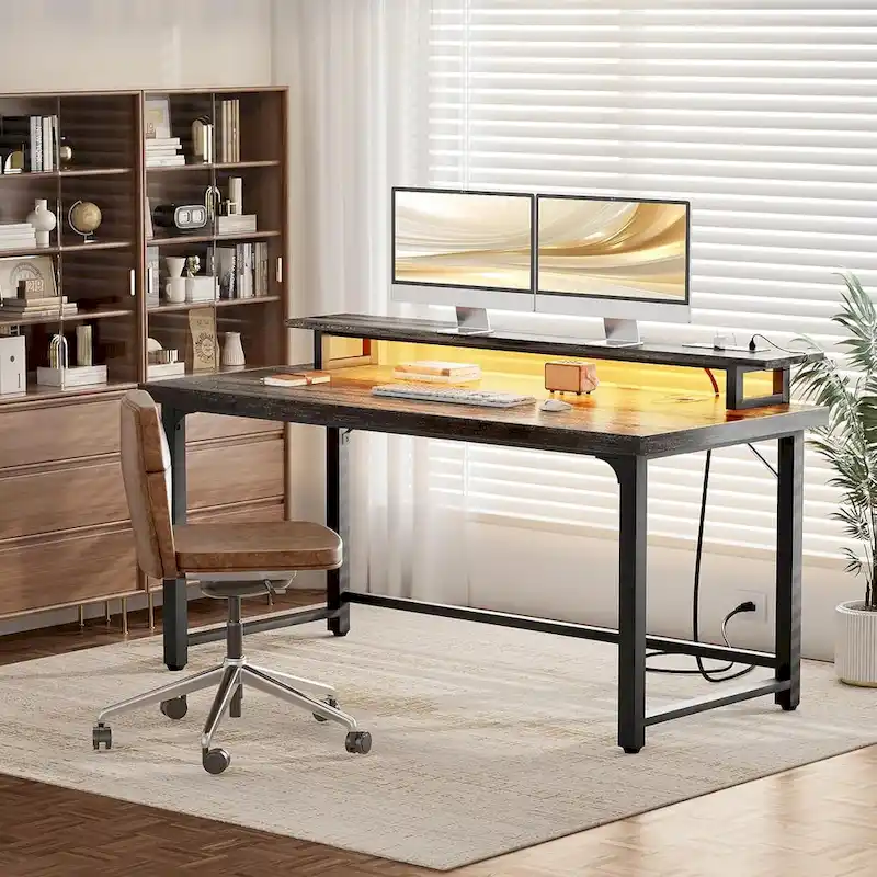 55 Inch Computer Desk with Socket and LED Light,Home Office Desk with 1.5 inch Thickened desktop,Writing Study Gaming Table