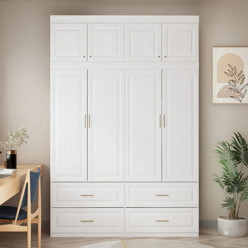 White & Gold Modular Wardrobe with Hanging Space & Drawers – White/Gold, Single Unit