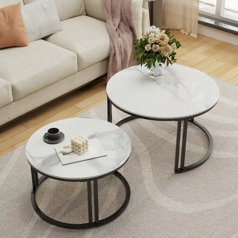 Round Sofa Nesting Coffee Table Sintered Stone Set of 2