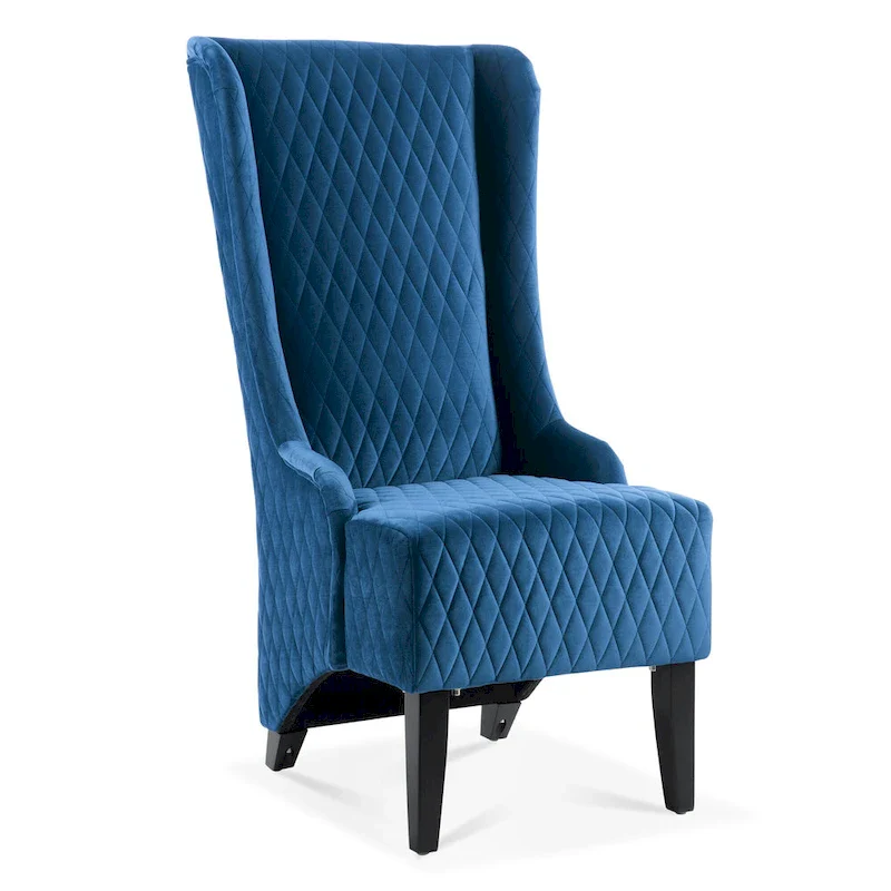 High-backed velvet wing-back chair with wooden legs