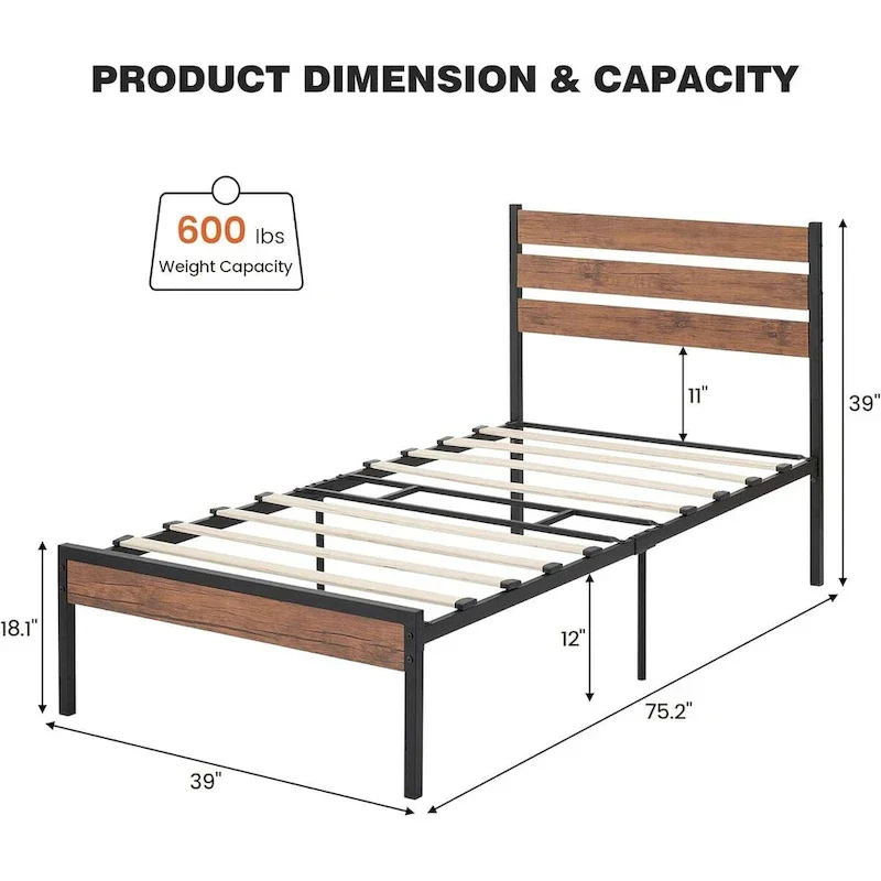 Bed Frame with Wood Headboard, Noise-Free