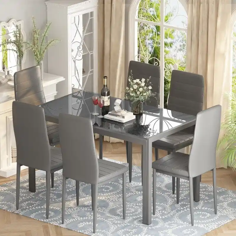 Grondin Modern Style 7-Piece Dining Room Table Set with Tempered Glass Tabletop and 6 PU Leather Upholstered Chairs