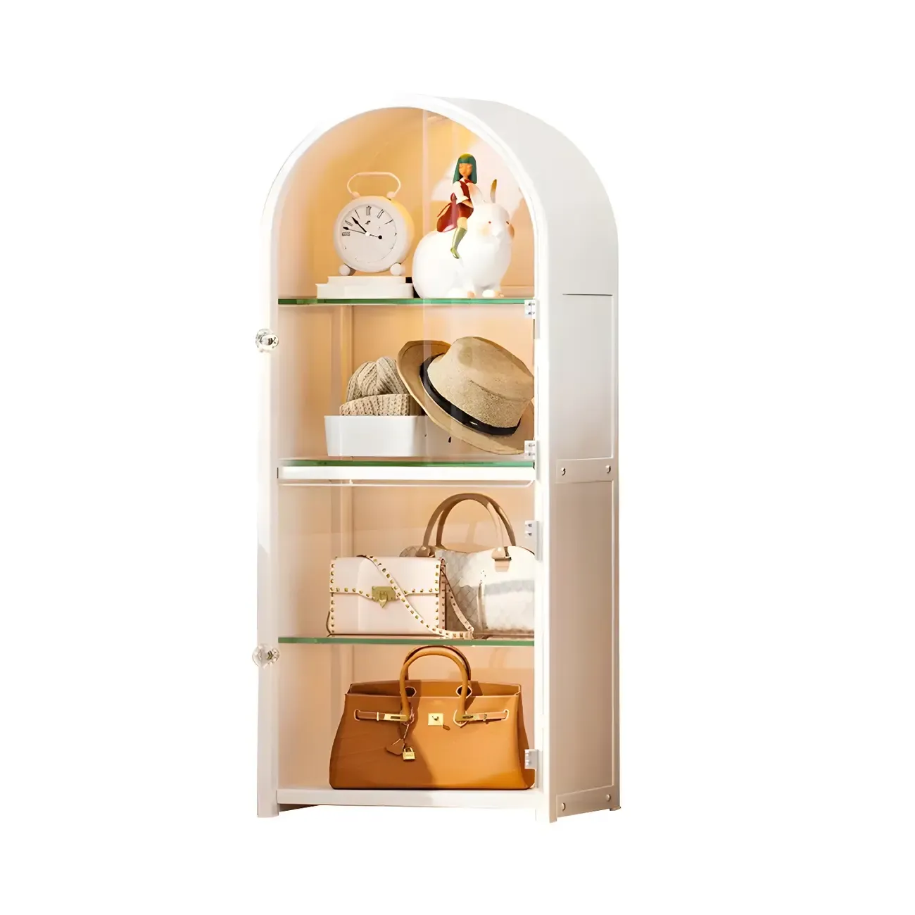 Adjustable Steel Arch Glass Shelf Display Cabinet with Light