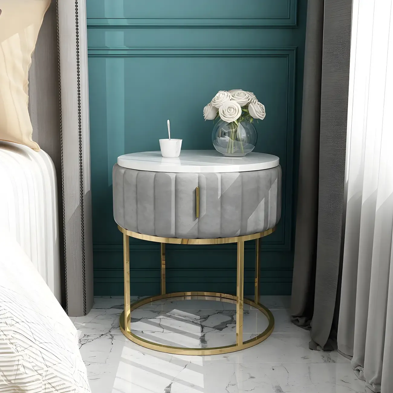 Glam Genuine Marble Nightstand with Drawers & Metal Base