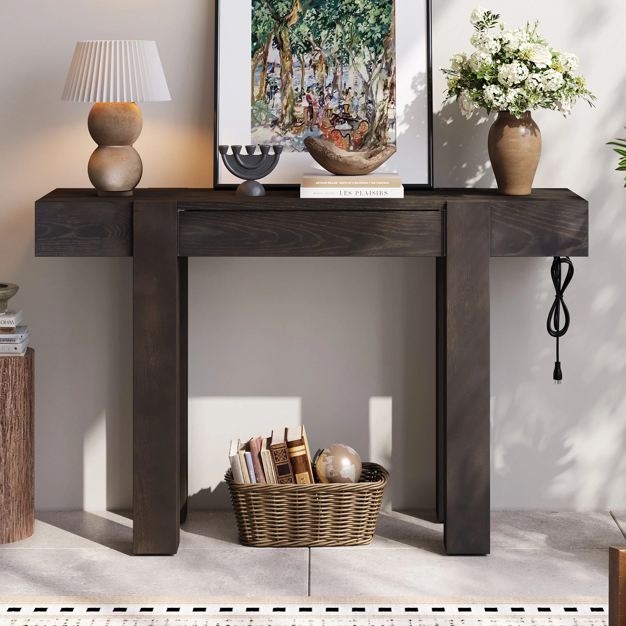 Rustic Minimalist Console Entryway Table with Hidden Drawer and Side Power Outlet