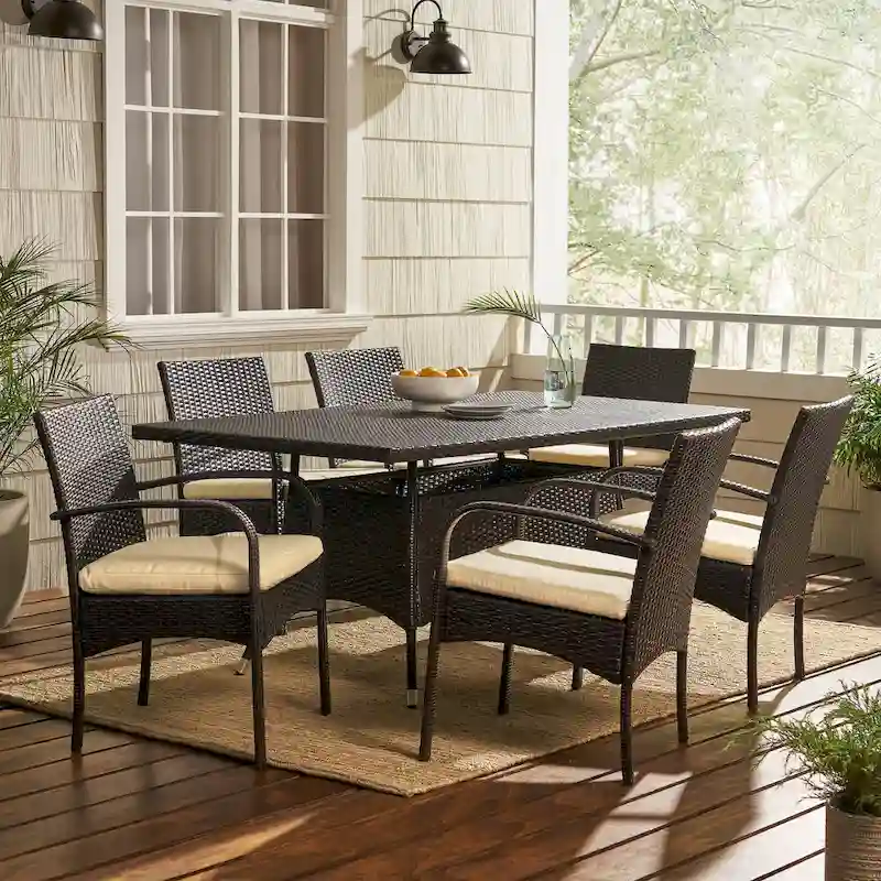 Rudolph Outdoor 7-piece Wicker Dining Set with Cushions by Christopher Knight Home