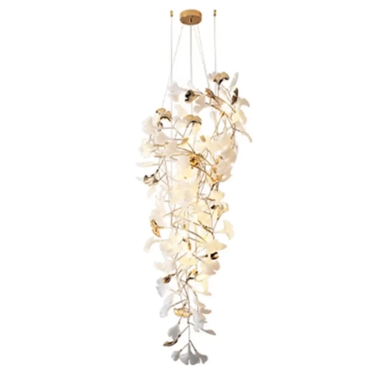 Elegant White Ginkgo Leaf Golden Stairwell Chandelier