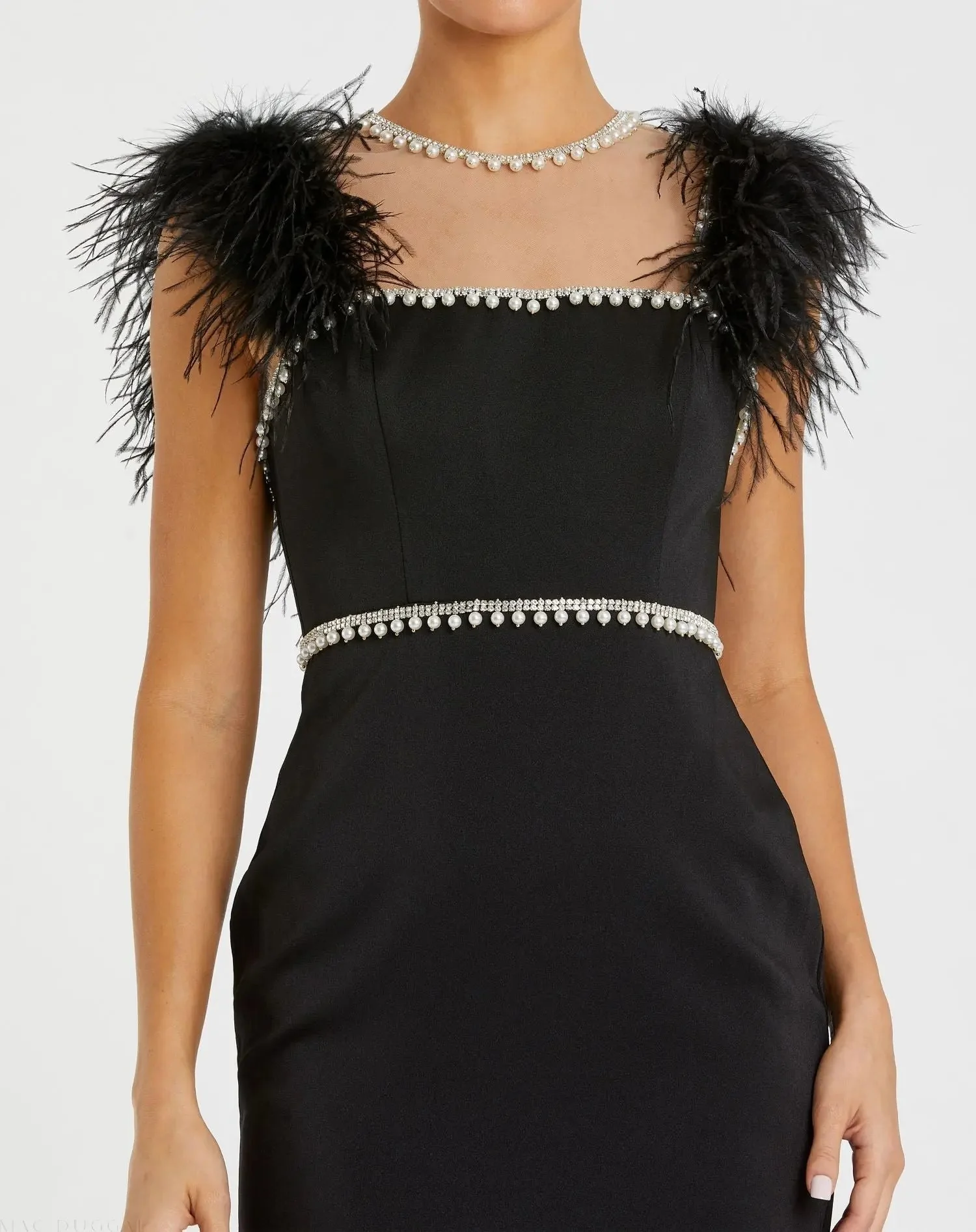 Black Feather Cap Sleeve Pearl Embellished Tea-length Dress