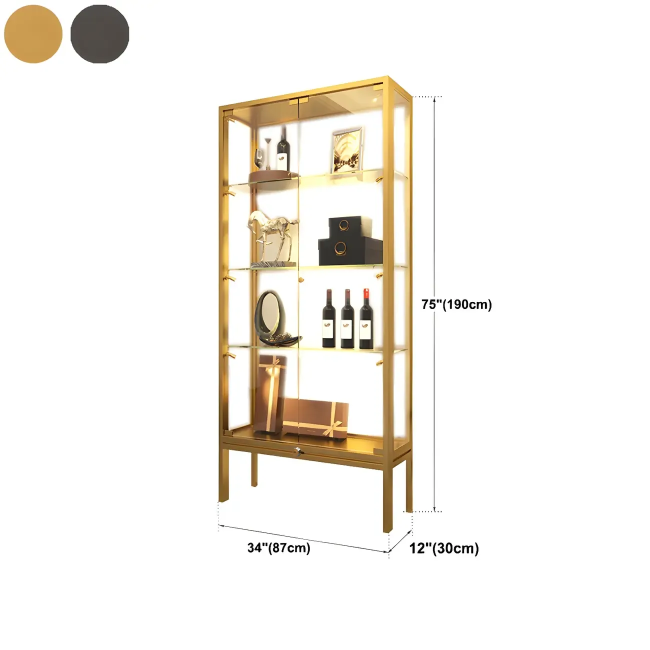 Glam Clear Glass Shelf Black Metal Frame Curio Cabinet