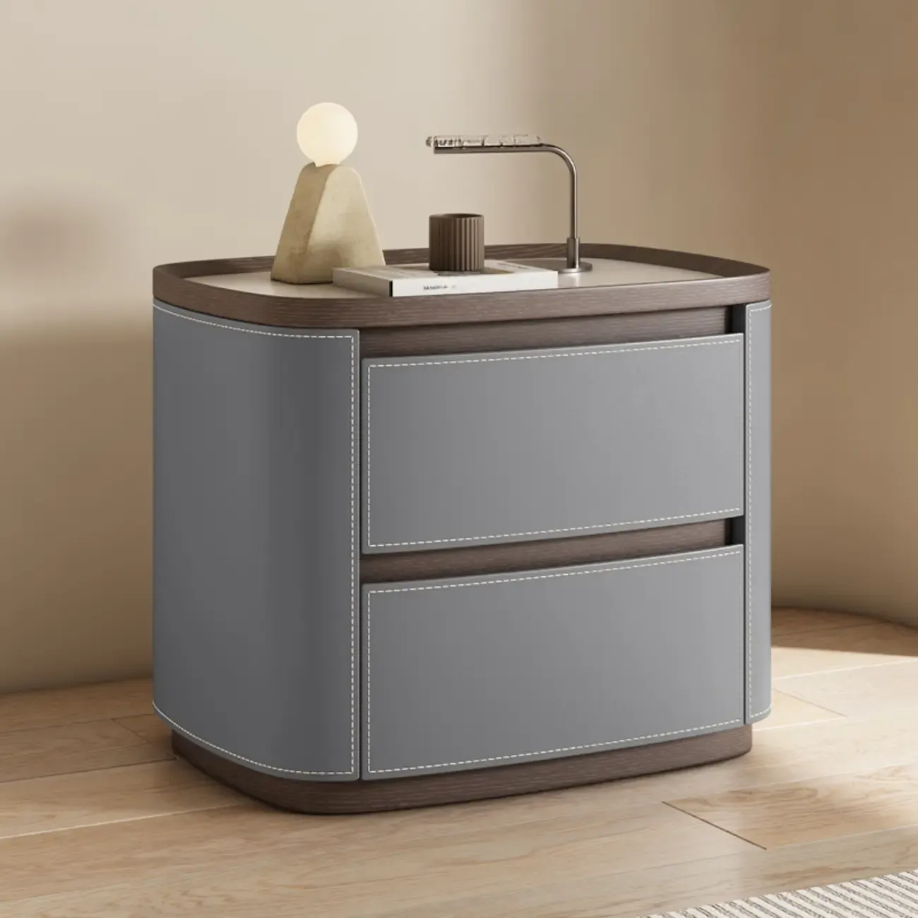 Trendy Low Tray-Top 2 Layer Solid Wood Nightstand