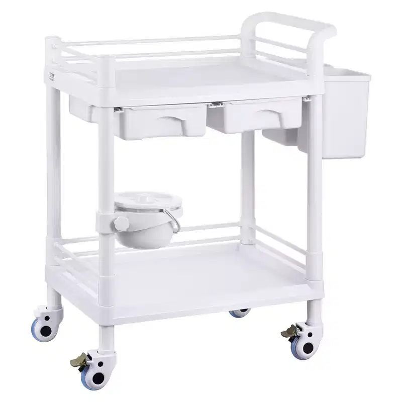VEVOR 2 Tiers Lab Carts, Lab Utility Cart with 2 Trays, 2 Drawers & 4 Silent Wheels, Mobile Medical Cart with PP Material, Lab Rolling Cart