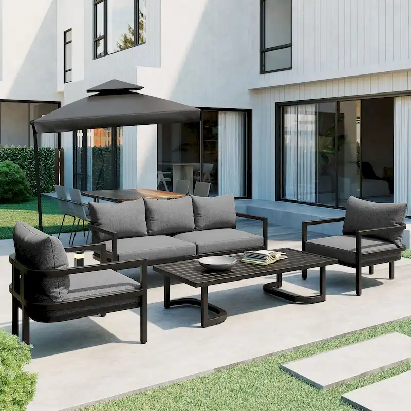 Patio Furniture Set, 5 Pcs Outdoor Steel Sofa Set, All-Weather Conversation Set with Coffee Table and 2 Single Chairs