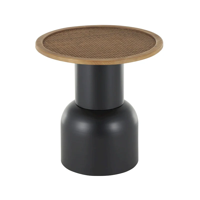 Handmade Round Rattan & Iron Accent Side Table – Black, Boho Style