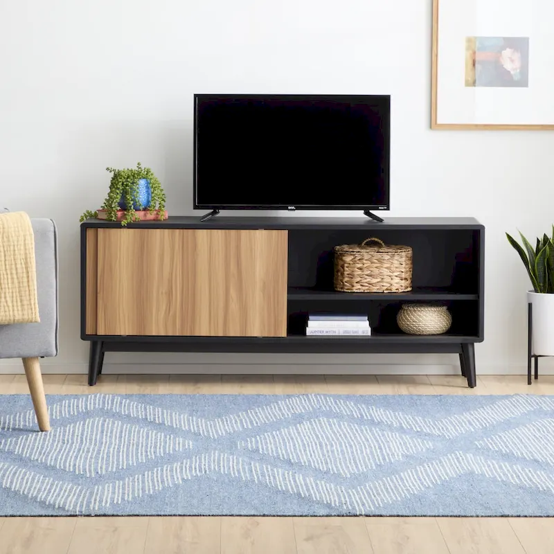 Mid-Century Modern TV Stand, Sliding Doors & Cable Management, Fits 65