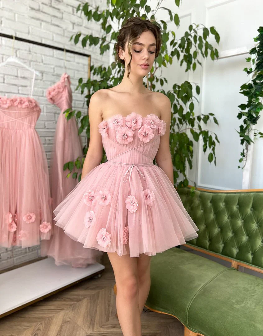A-line Short Homecoming Dress with Handmade Flowers