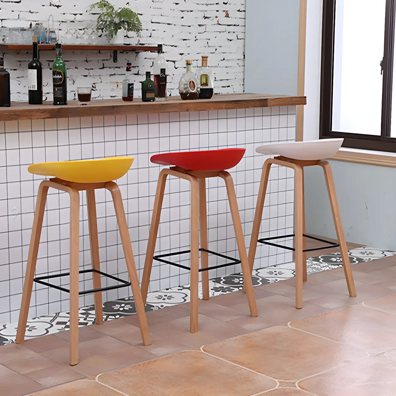 Mid-Century Modern Plastic Bar Stool with Wood Legs