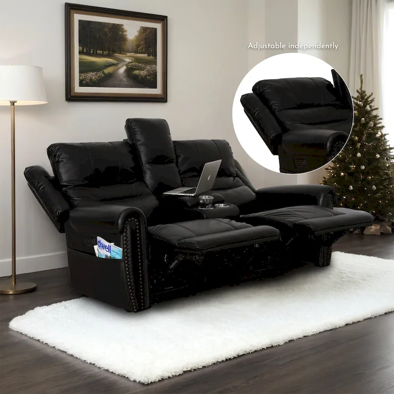 Genuine Leather Black Power Recliner Sofa, Loveseat, Recliner With Adjustable Headrest and Extendable Footrest