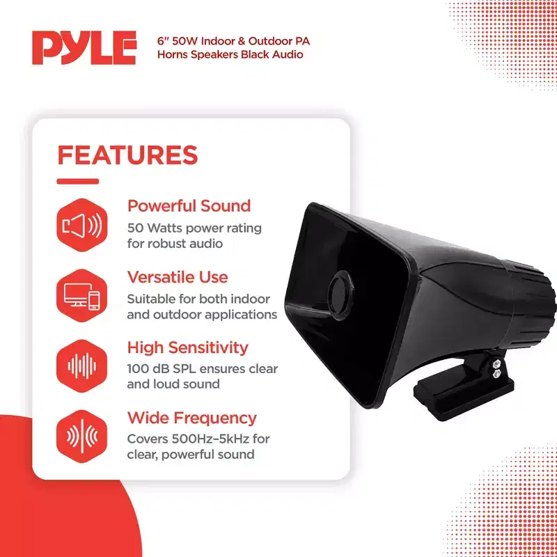 Pyle 6 Portable PA Horn Speaker for Indoor or Outdoor Use with 50W Peak Power, Lightweight and Compact Design and Broad Sound Coverage, Black, 2 Pack
