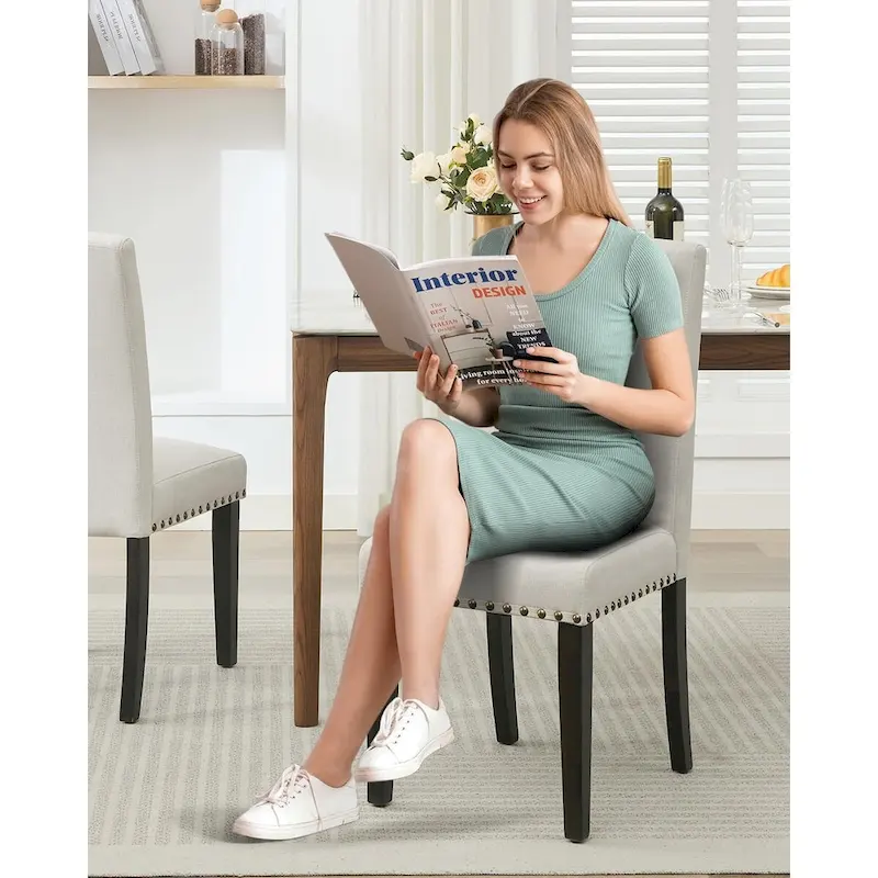 Modern Fabric Dining Chair Set of 4, Upholstered Kitchen Chair with Curved Backrest Wood Legs