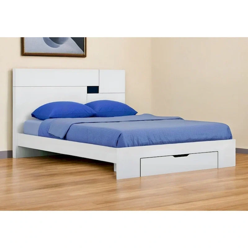 White Wood King Platform Bed Frame With Storage Drawer