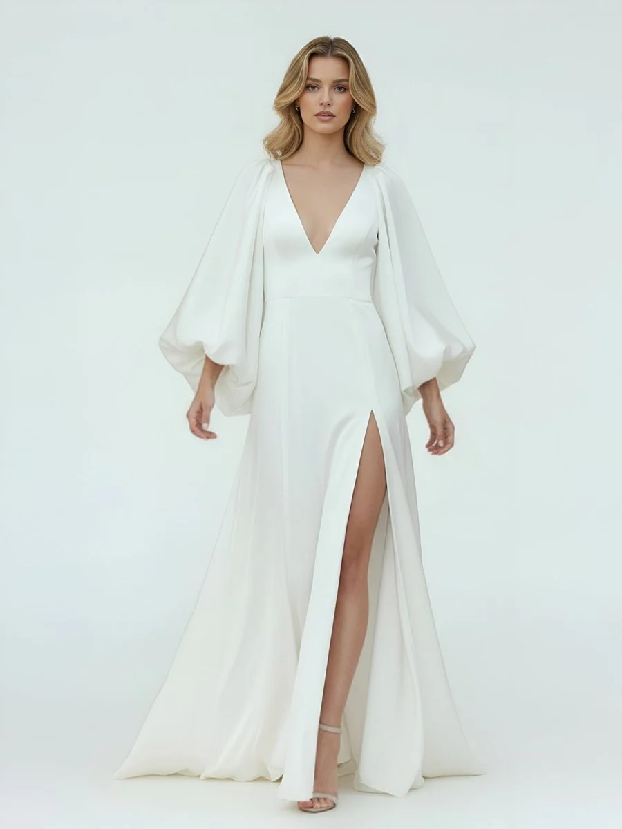 White Satin Simple A-Line Long Wedding Dress with Slit