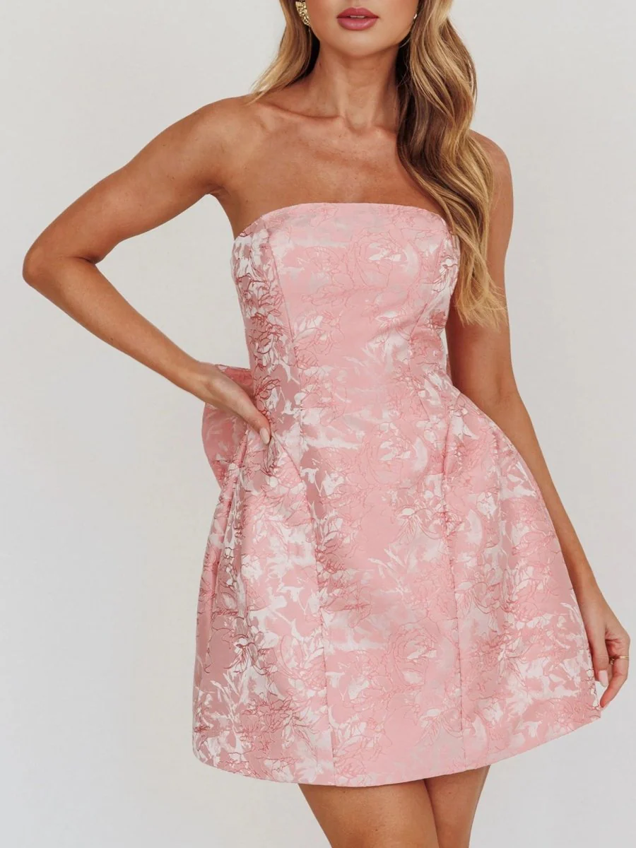 Pink - Strapless Jacquard A Line Homecoming Dress With Bowknot