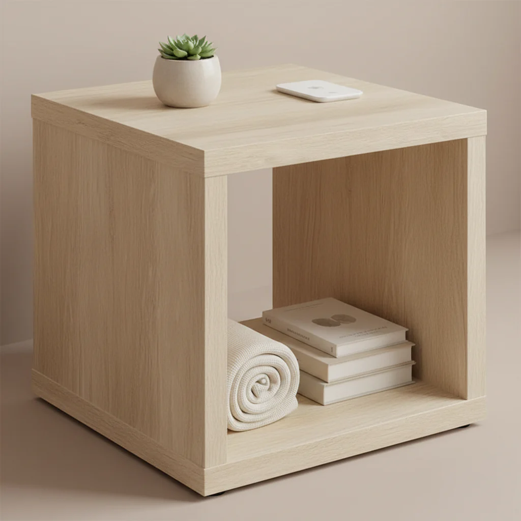 Rizz Side End Table, Square Cube Design Shelf, 23 Inch Light Brown