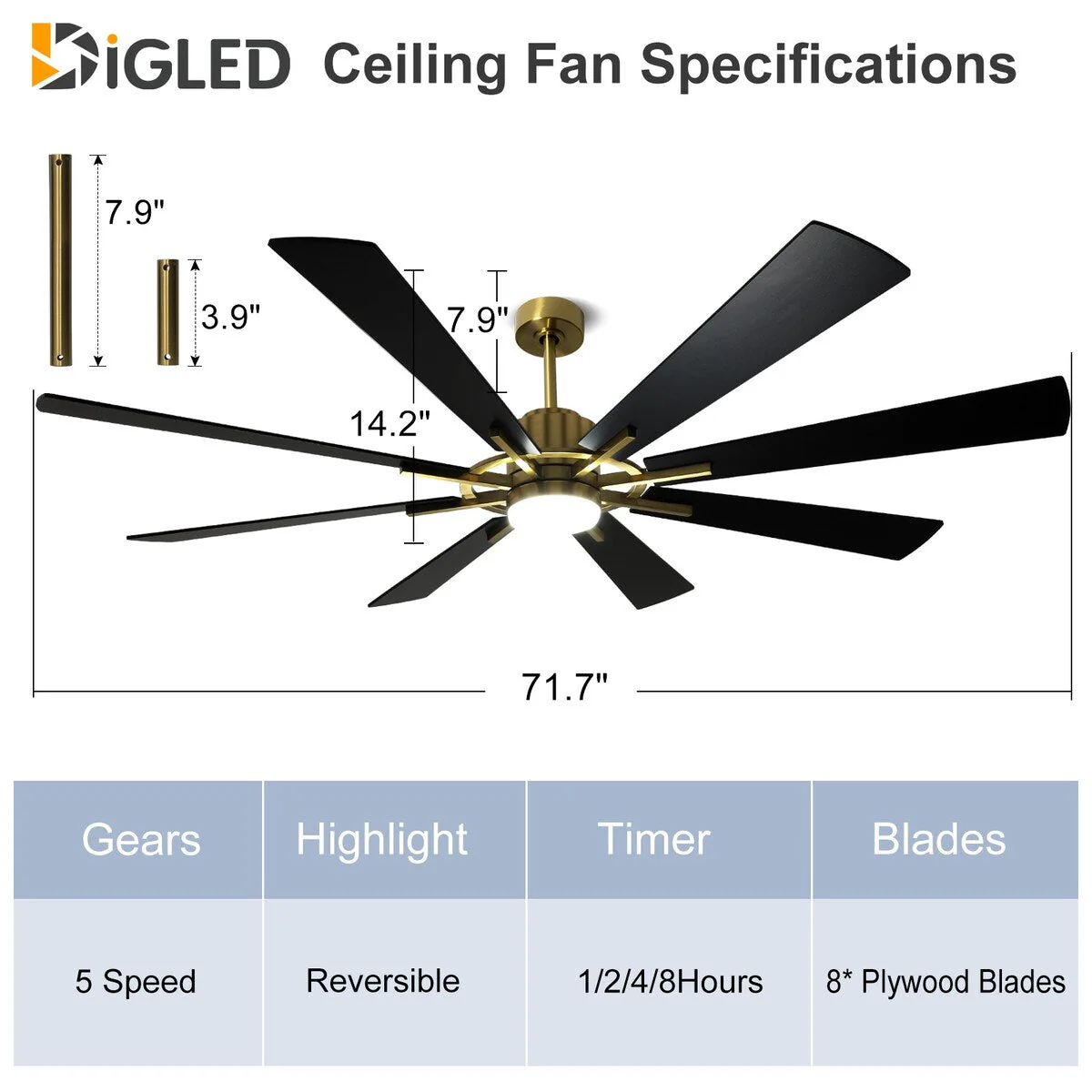 Remote Ceiling fan with Lights Large 8 Wooden Blades