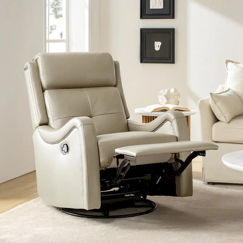 Genuine Leather Swivel Rocker Recliner with Nailhead Trims by