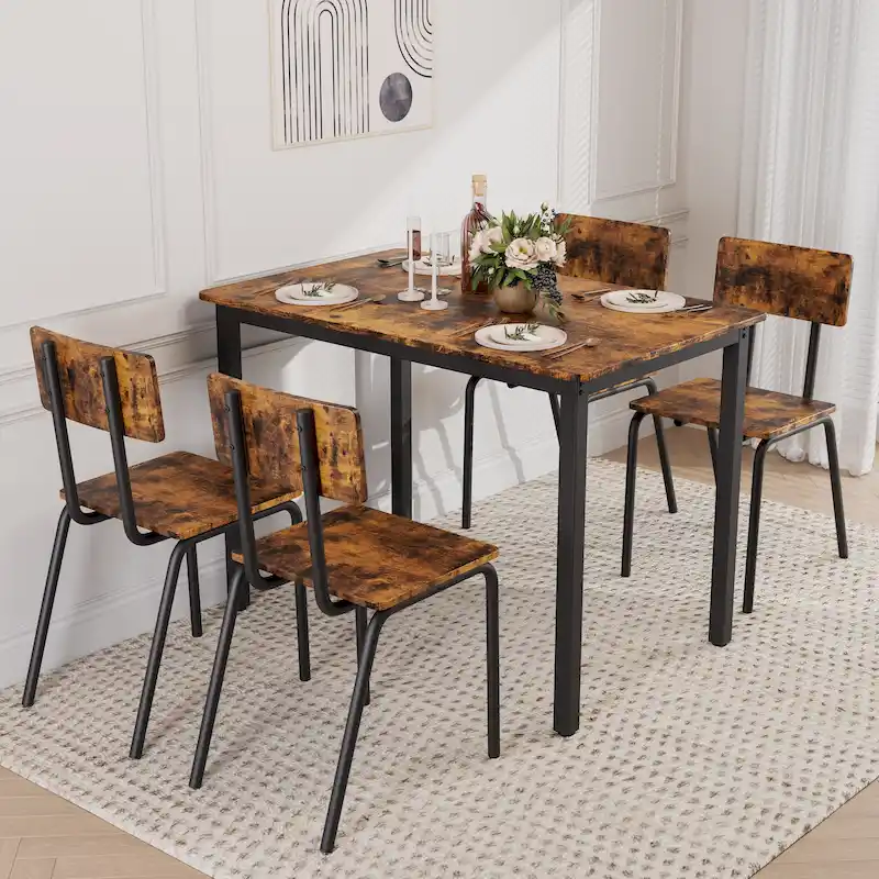 Kitchen Dining Table Set Metal Frame Breakfast Table with 4 Dining Chairs Modern Casual Dining Table Set 5-Piece Dining Set
