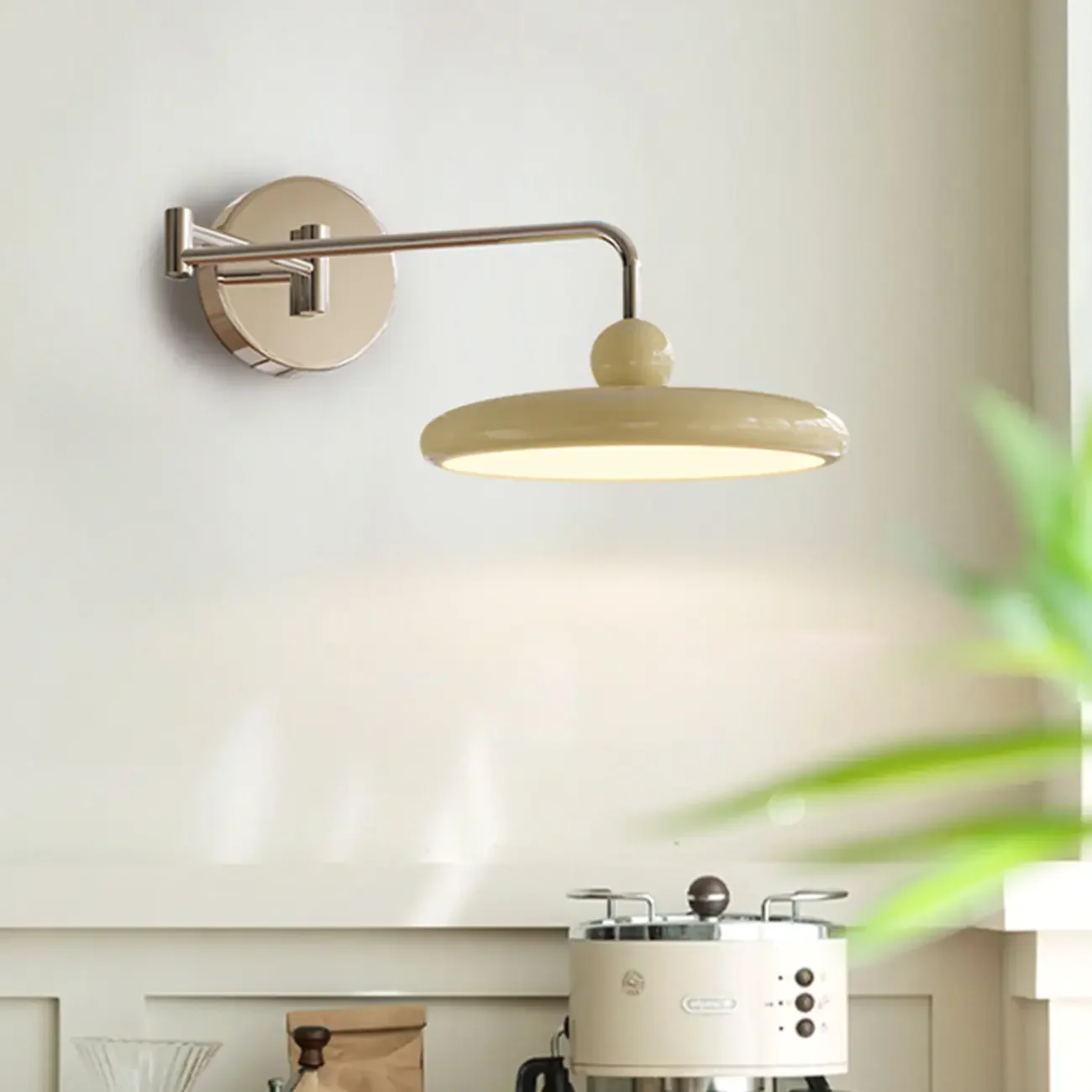 Modern Beige Swing Arm Wall Light with Round Shade