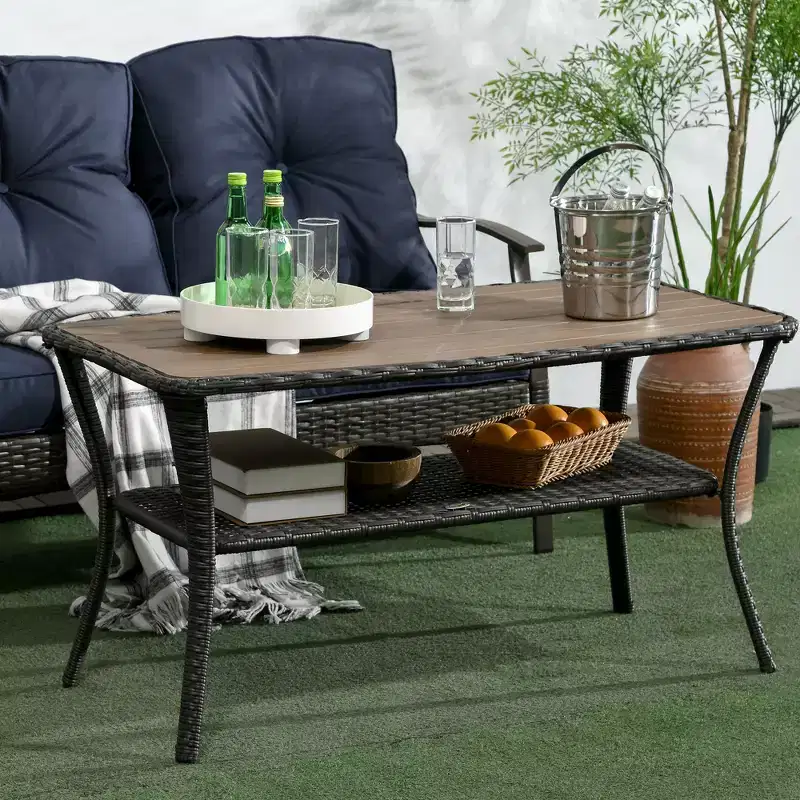 Outsunny Patio PE Rattan Outdoor Coffee Table with Storage Shelf, Wicker Side Table with Wood-Plastic Composite Top, Mixed Brown