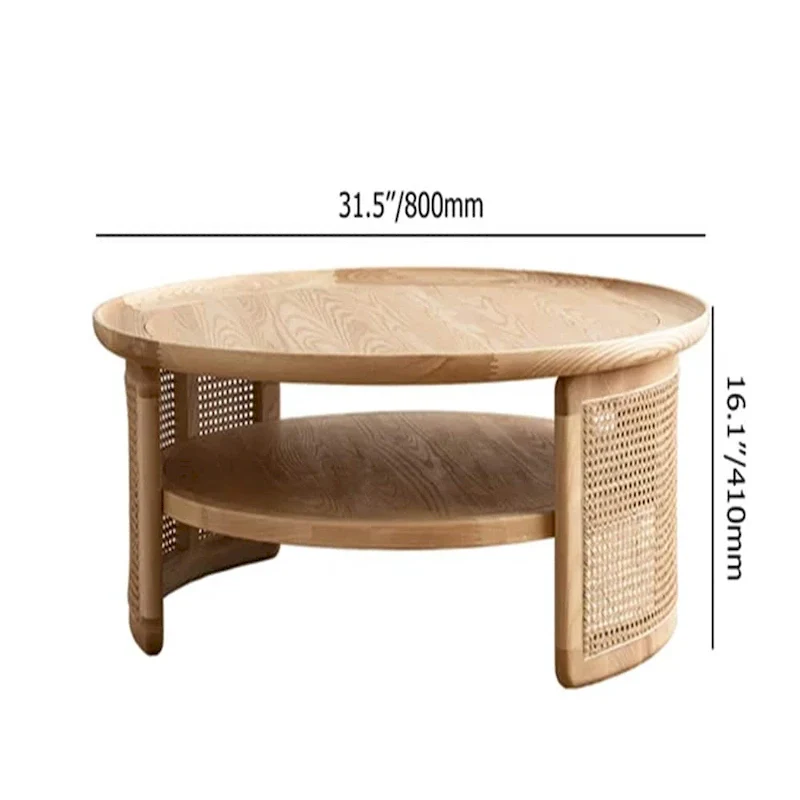 2-Tiered Round Wood Coffee Table with Rattan Base