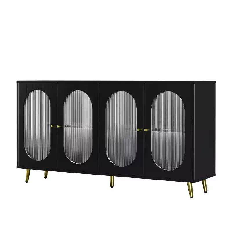 Homy Casa 4-Door Decorative Storage Cabinet with Fluted Doors and Metal Legs for Living Room or Dining Area, Black