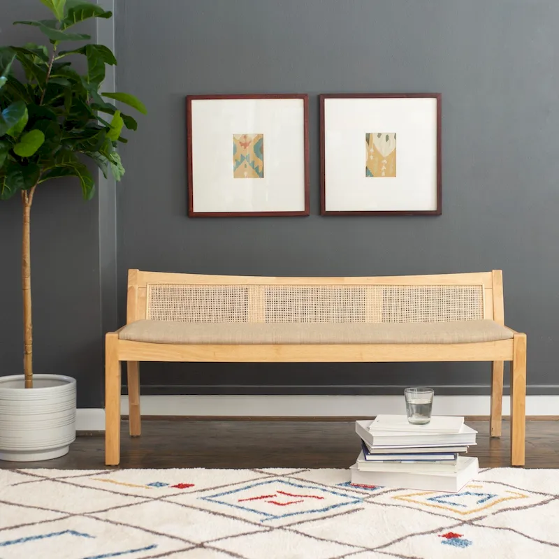 Framed Woven Rattan Cane Bench - 52.5 - Beige