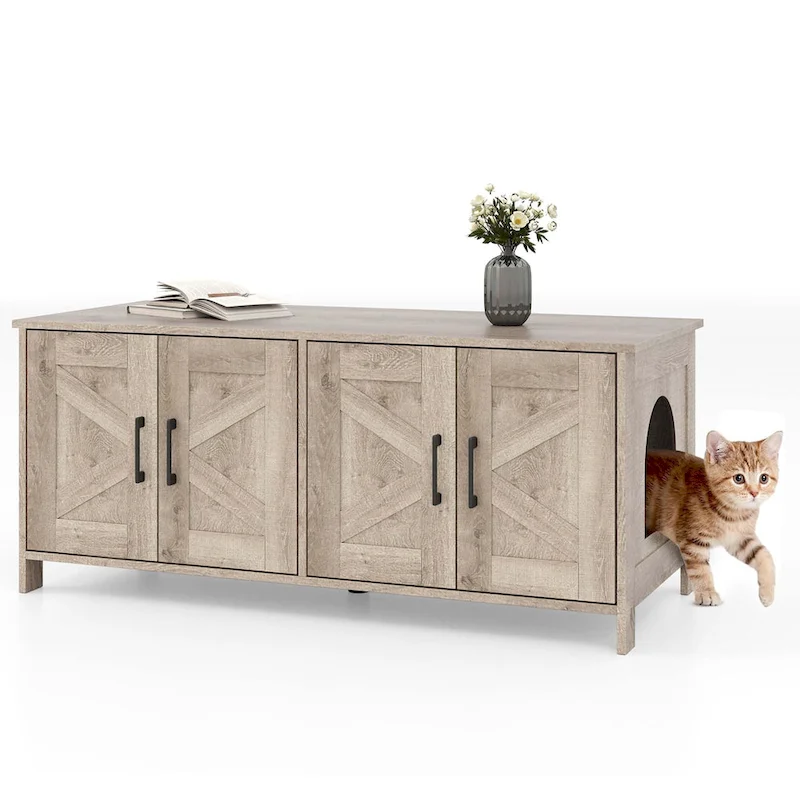 Cat Litter Box Enclosure with Double Rooms – Wooden Cabinet