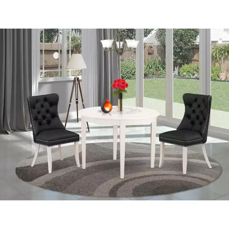3-Piece Linen White Finish Round Solid Wood Top Dining Table Set