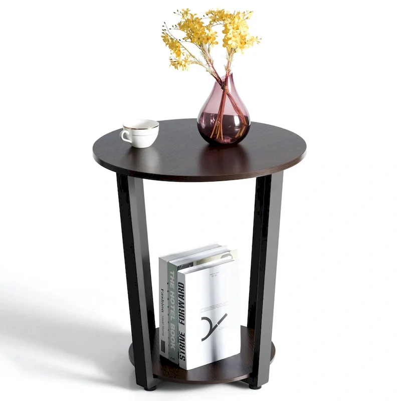 Set of 2 Industrial End Tables with 2-Tier Storage - Round Side Tables 19.5