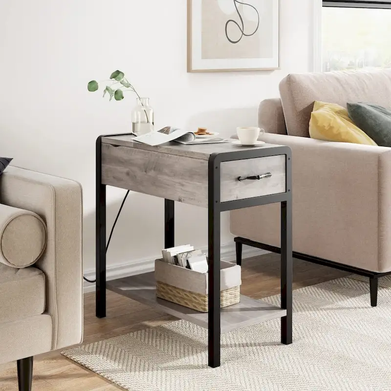 End Table with Charging Station, Narrow Side Table with Drawer and Storage End Table