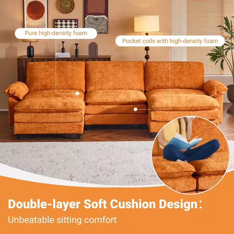 Karl Home |120 in. W Pillow Top Arm Double-layer Cushion Chenille Sofa in Blue With Ottoman