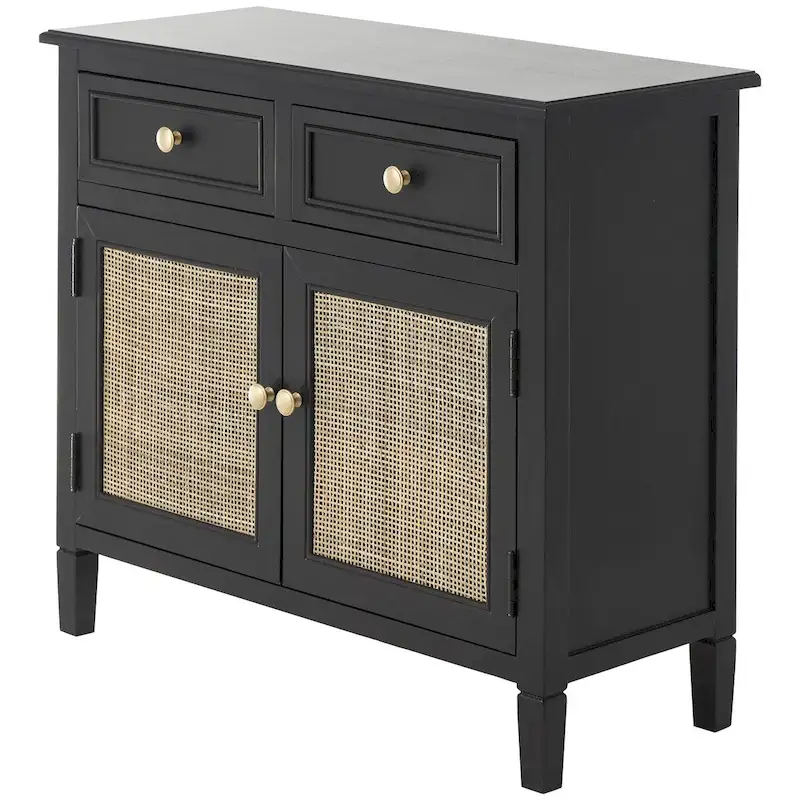 Wood Handmade 2 Drawers and 2 Door Room Cabinet with Rattan Front - Black - Roche River Decor
