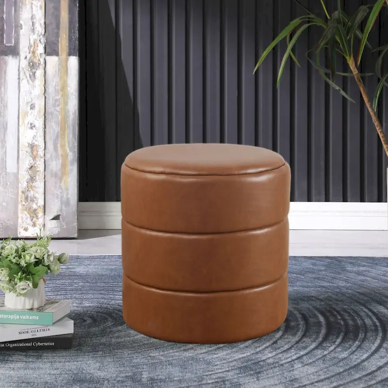 Round Ottoman – Caramel Faux Leather / Cream White Bouclé, Single Seat