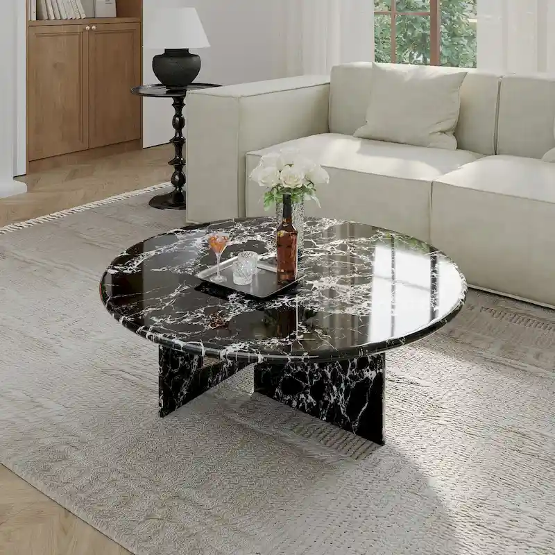 35.43Modern Round Coffee Table,Glossy Faux Marble Table top
