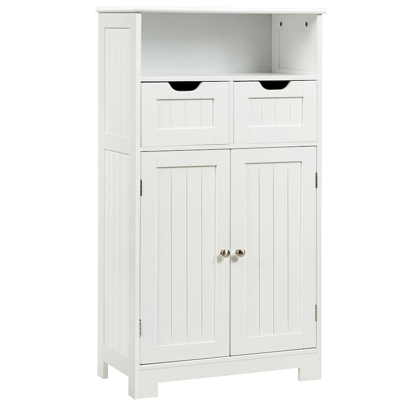 Gymax Bathroom Floor Cabinet Wooden Storage Organizer Side Cabinet W/2 - See Details