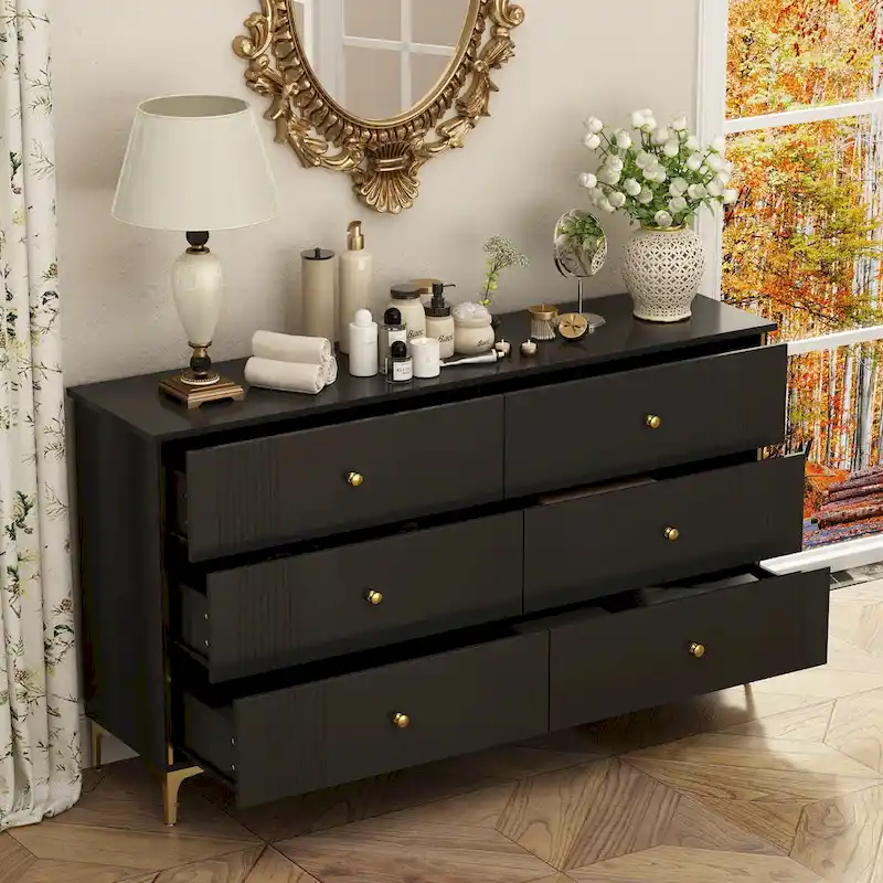 White Lacquer Dresser 6 Drawer Dresser with Metal Handle and Legs