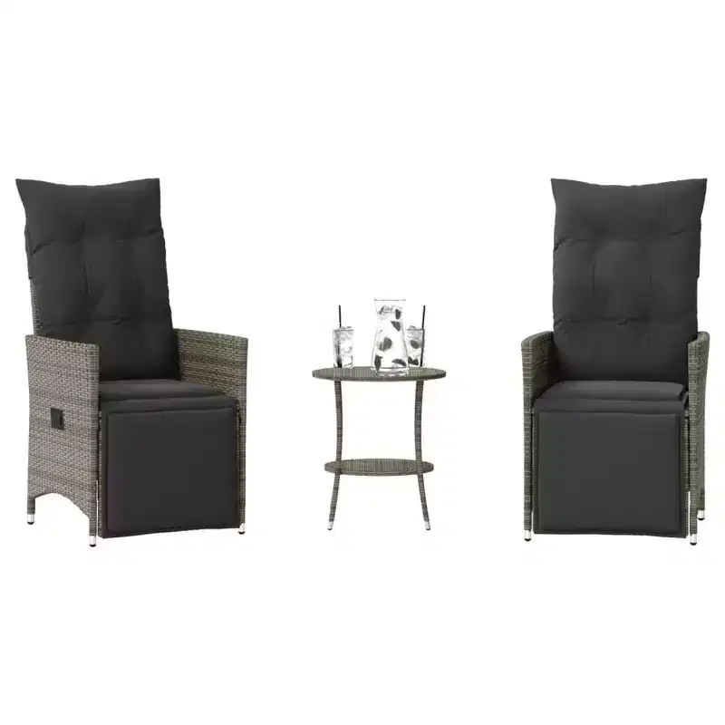 vidaXL 3 Piece Bistro Set with Cushions Gray Poly Rattan