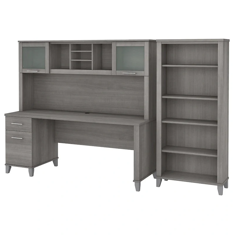 Somerset 72W Office Desk with Hutch and 5 Shelf Bookcase in Ash Gray