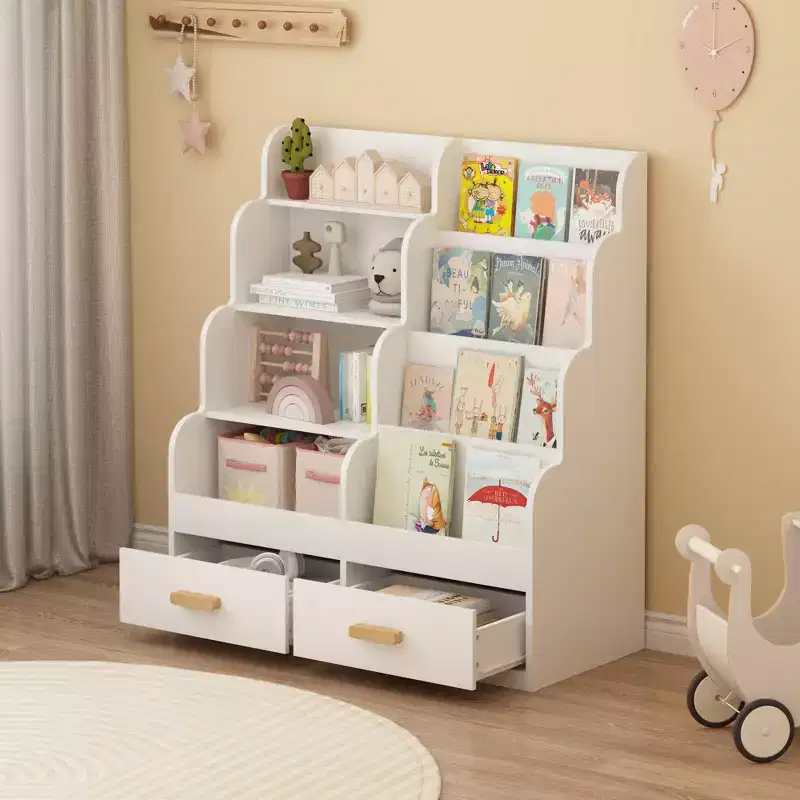 GDFStudio Sara 35.43'' Modern 4-Tier Kids Bookshelf with Toy Organizer and 2 Storage Drawers